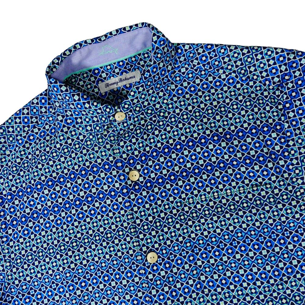 Tommy Bahama Silk Geometric Blue Button Up Short Sleeve Shirt Small